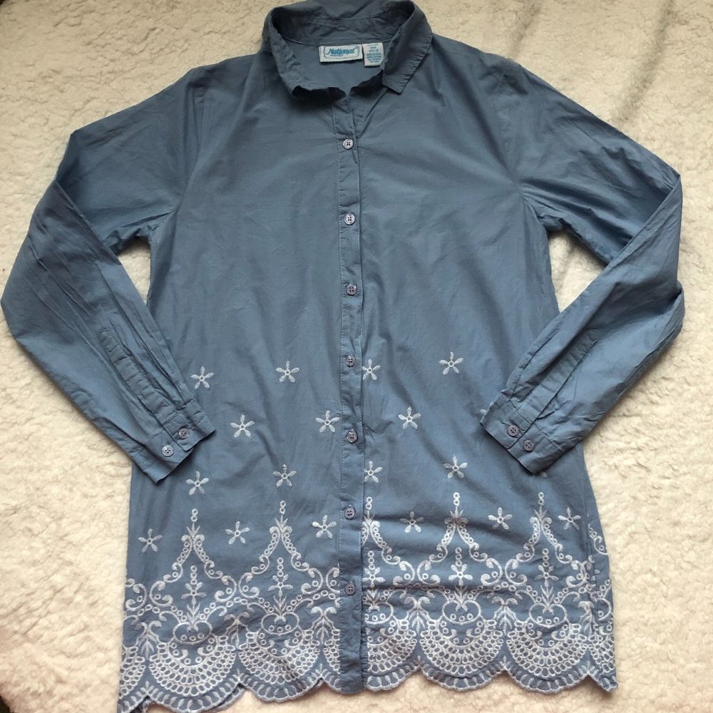 National Womens Blue Embroidered Cotton Tunic Longline Shirt Size S